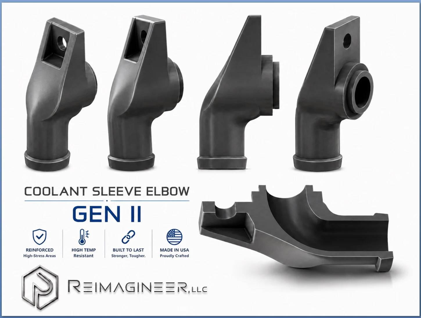 GEN II coolant sleeve elbow shown from multiple views with reinforced cutaway