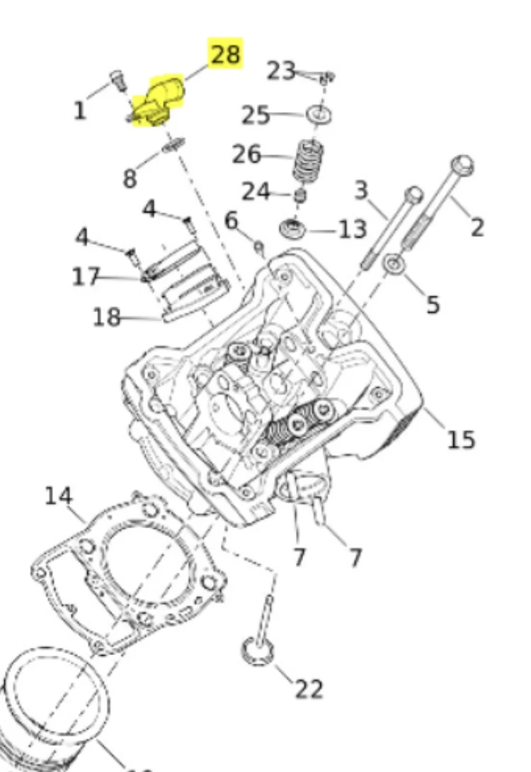 OEM engine parts diagram highlighting coolant sleeve elbow part number 28