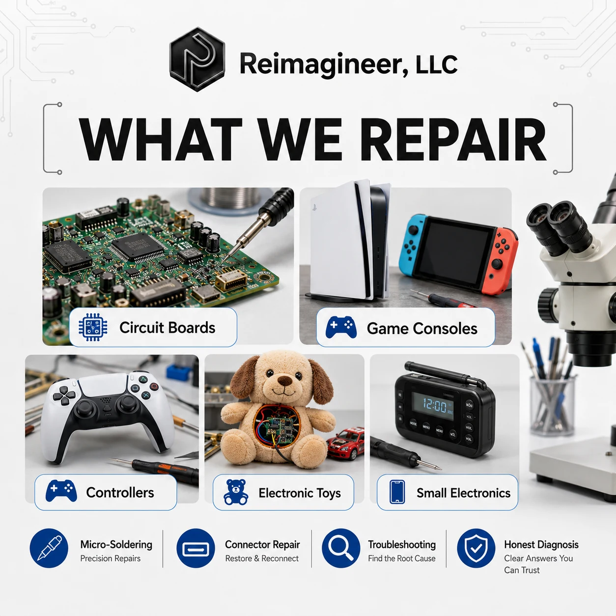 Examples of electronics repaired including circuit boards, controllers, toys, and small electronics
